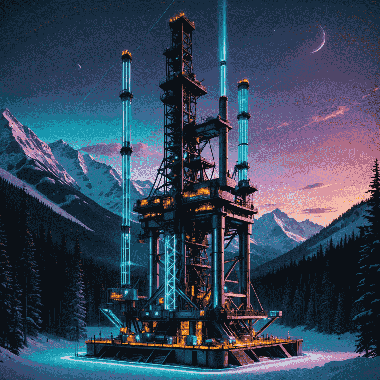 Futuristic oil rig with neon lights and holographic displays, set against a backdrop of Canadian mountains and forests. The rig features sleek, angular designs with glowing pipelines and robotic arms in operation.