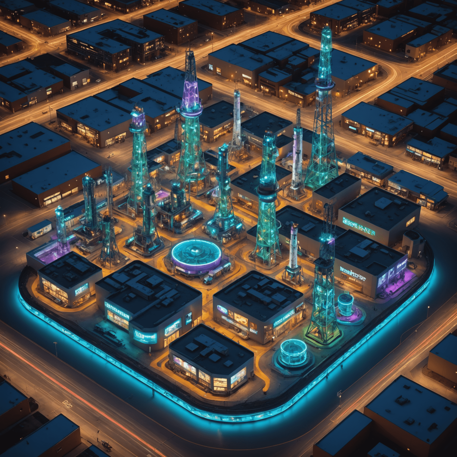 Futuristic map of SlipperCoaster headquarters in Calgary, showing neon-lit oil rigs and holographic displays of nearby drilling sites