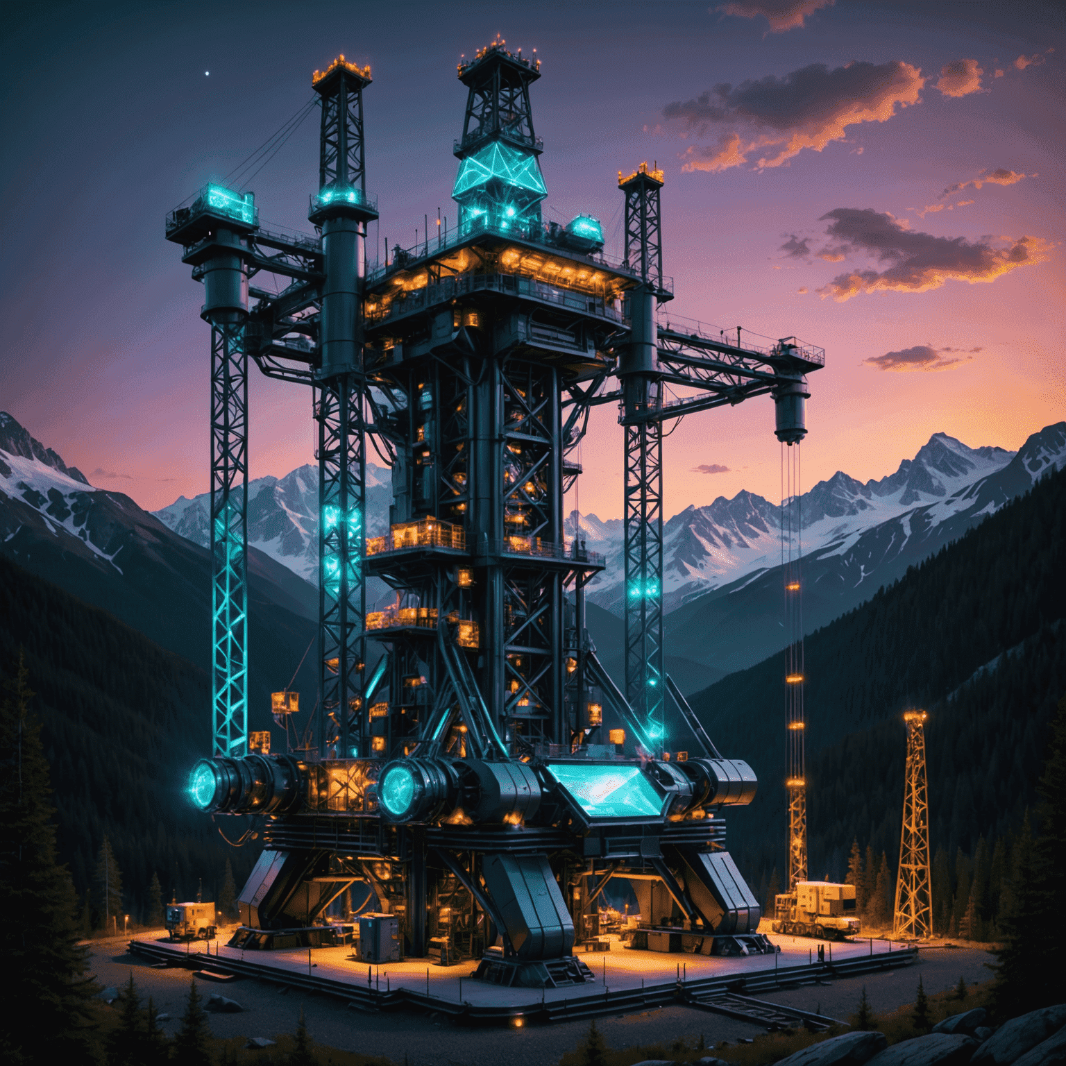 Futuristic oil rig with neon lights and holographic displays, set against a backdrop of Canadian mountains and forests. The rig features sleek, angular designs with glowing pipelines and robotic arms in operation.