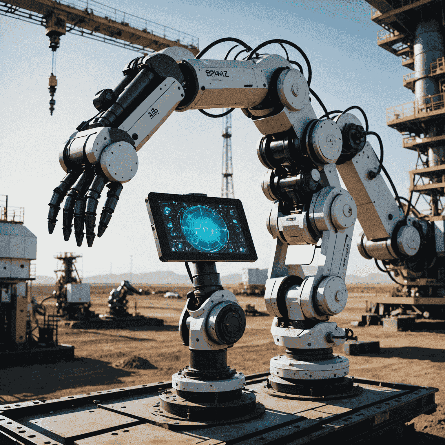 Futuristic robotic arm operating in an oil field with holographic displays showing real-time data