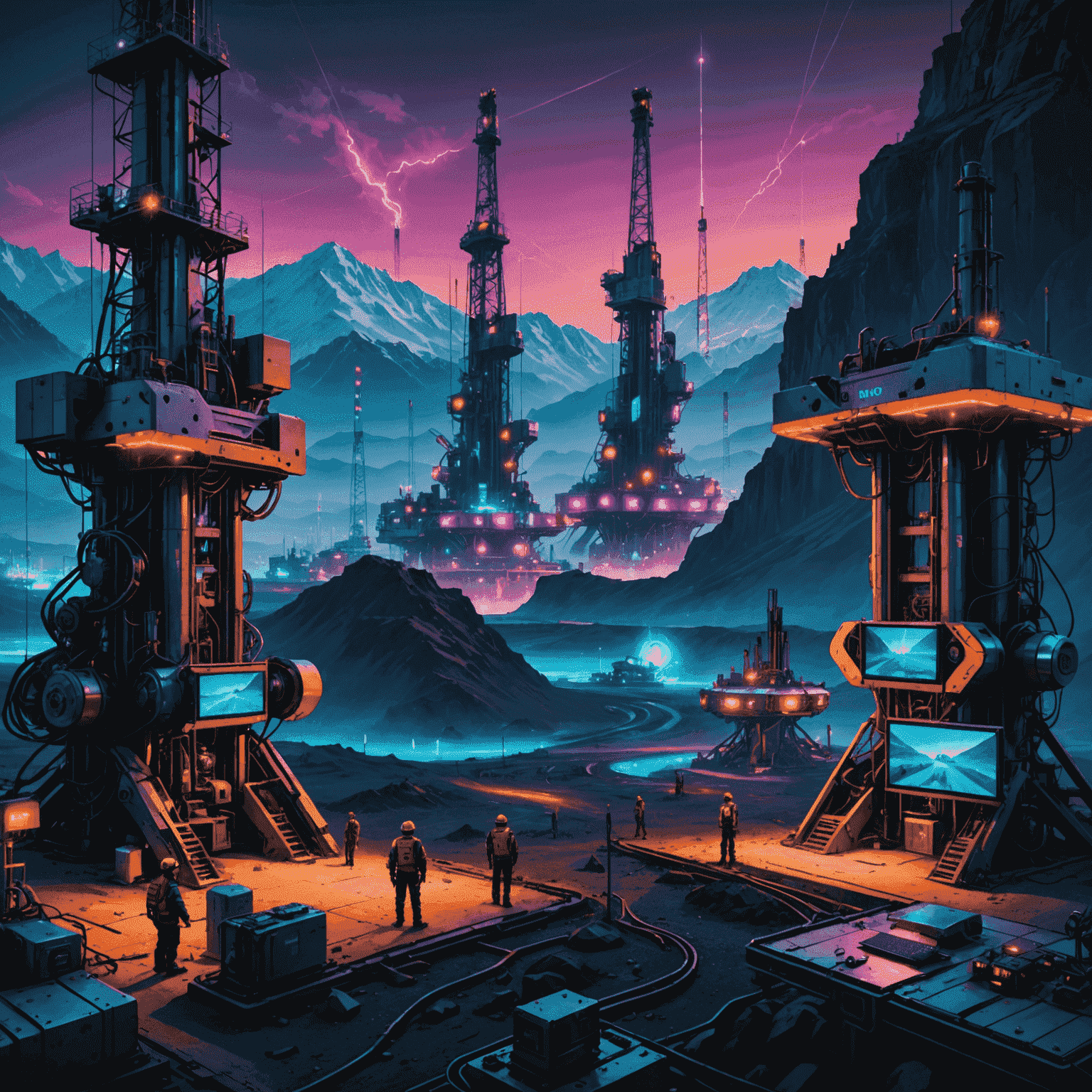 Futuristic oil field with automated drilling rigs, robotic arms, and holographic control panels. The scene is illuminated by neon lights, creating a cyberpunk atmosphere against a Canadian mountain backdrop.