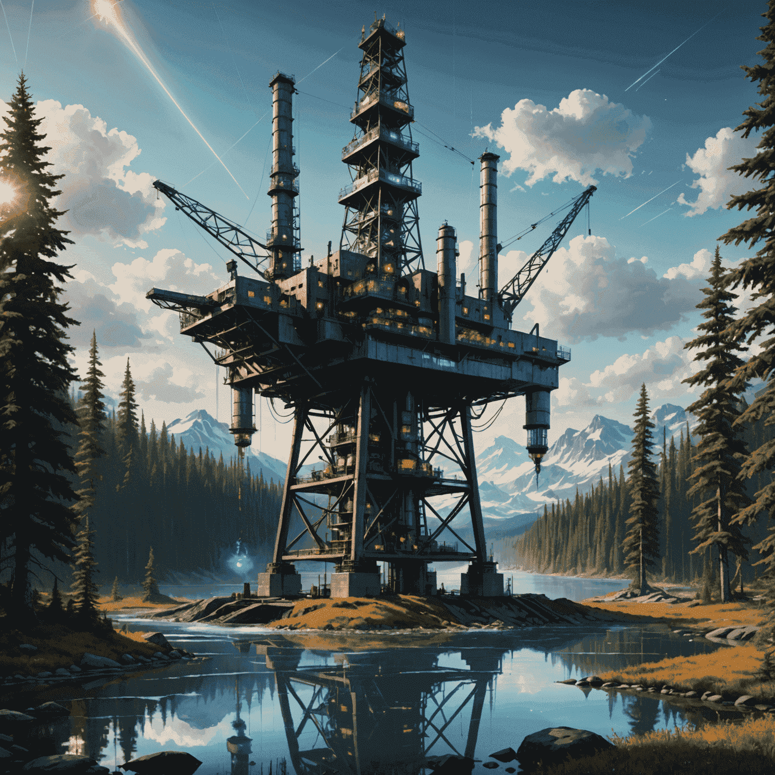 Futuristic oil rig with holographic environmental impact displays, set against a backdrop of Canadian wilderness