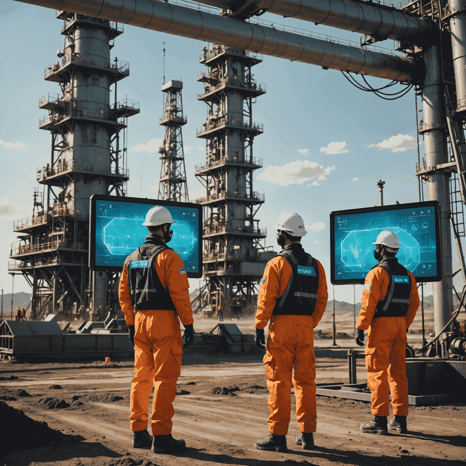 Futuristic oil field with holographic safety displays and workers in high-tech protective gear