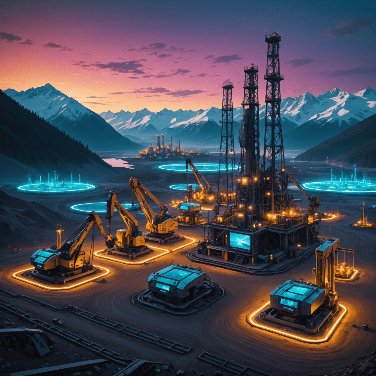 Futuristic oil field with holographic displays, robotic arms, and neon-lit machinery against a backdrop of Canadian mountains