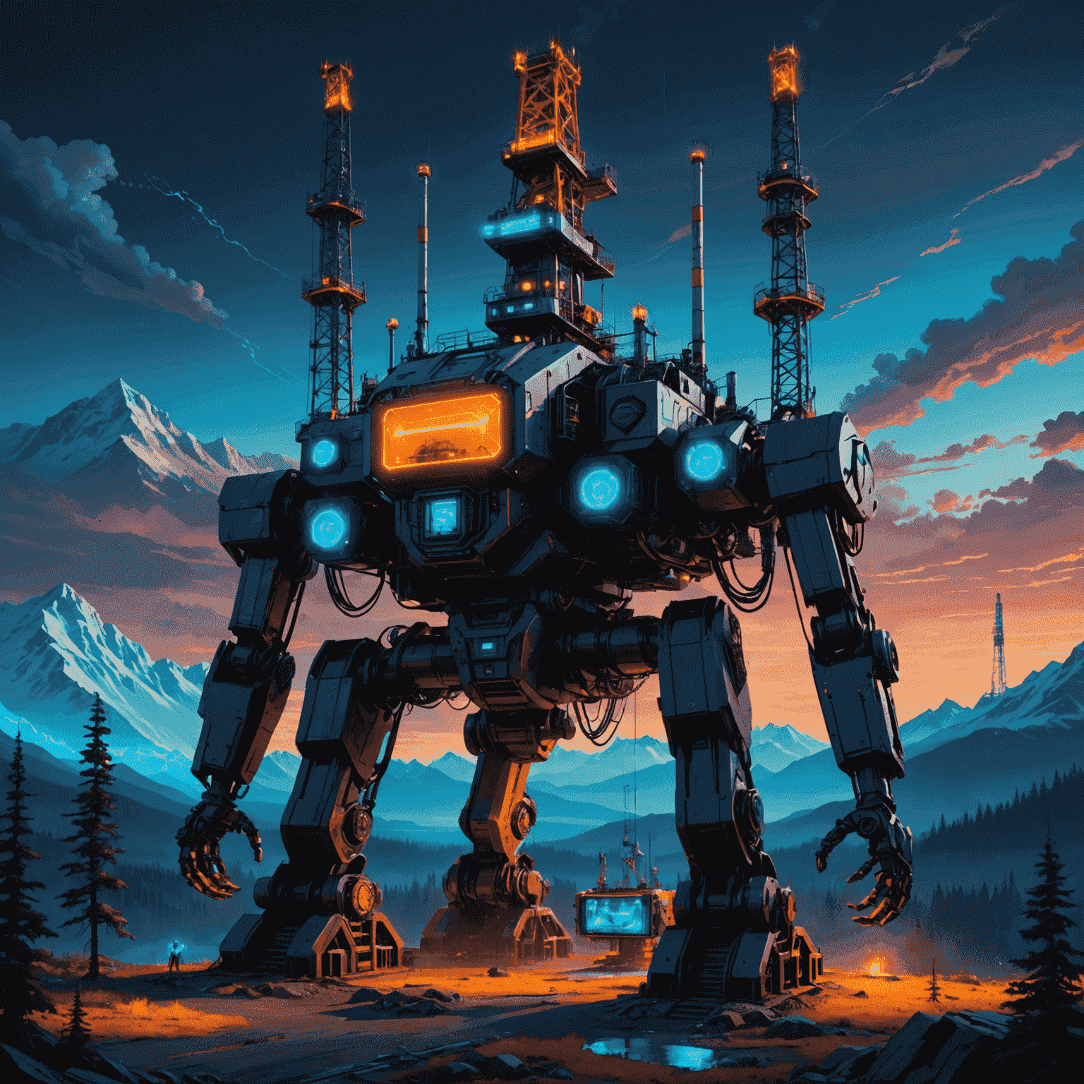 Futuristic oil rig with holographic displays and robotic arms, set against a cyberpunk-inspired Canadian landscape with mountains and forests in the background. The rig is illuminated with neon blue and orange lights, creating a striking contrast against the dark sky.