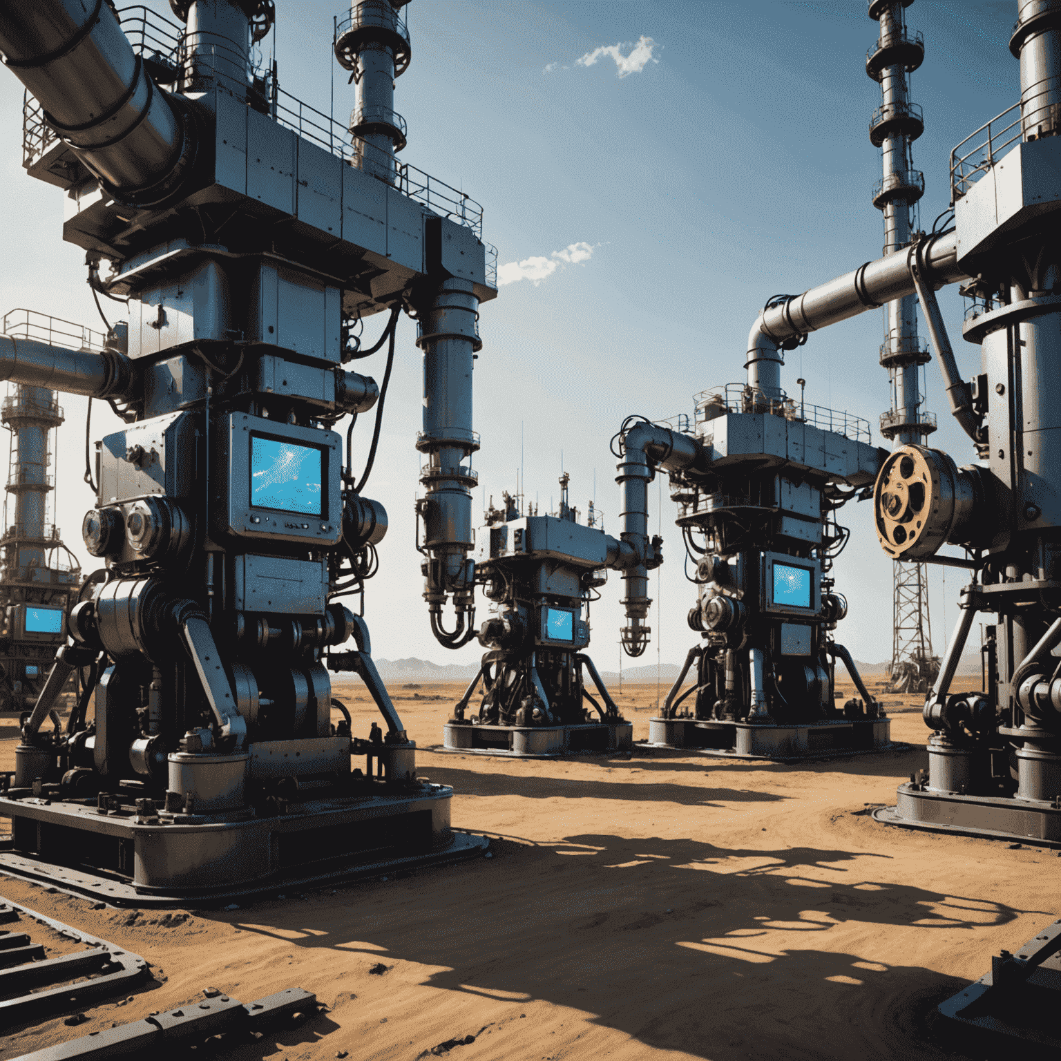 Futuristic oil field with robotic arms and holographic control panels, showcasing advanced automation technologies in action