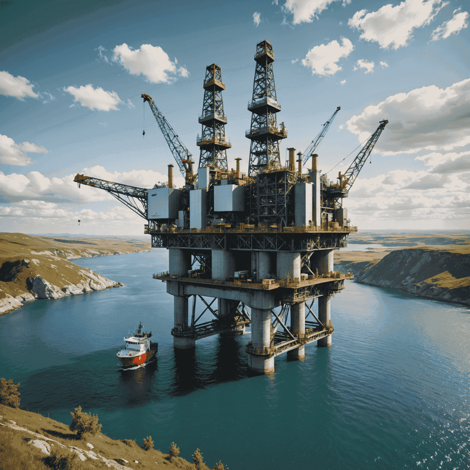 Oil rig with advanced filtration systems and eco-friendly technologies in a pristine landscape