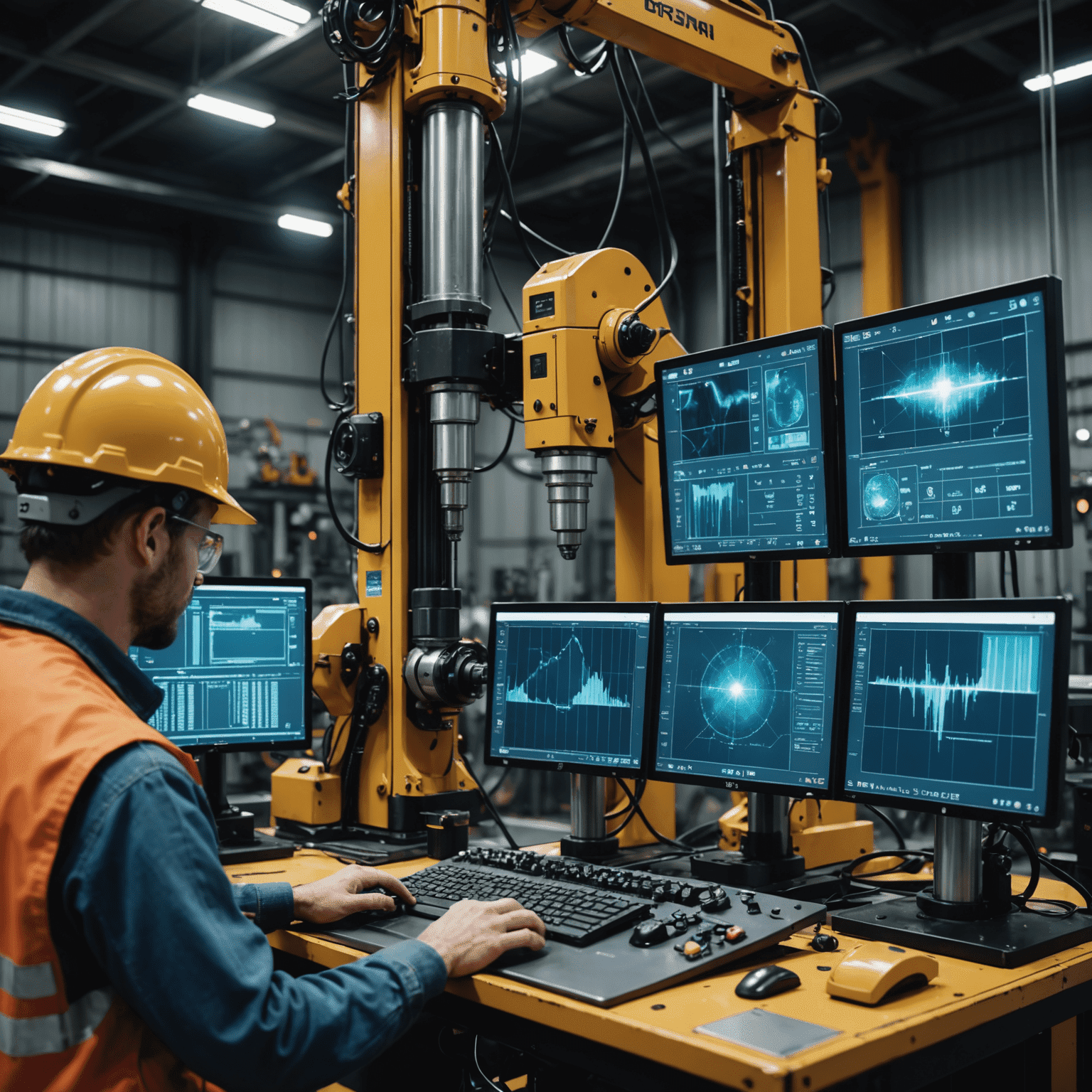 Close-up of a high-tech drilling rig with holographic displays showing real-time data. Robotic arms are seen operating various components while workers monitor from a safe distance.