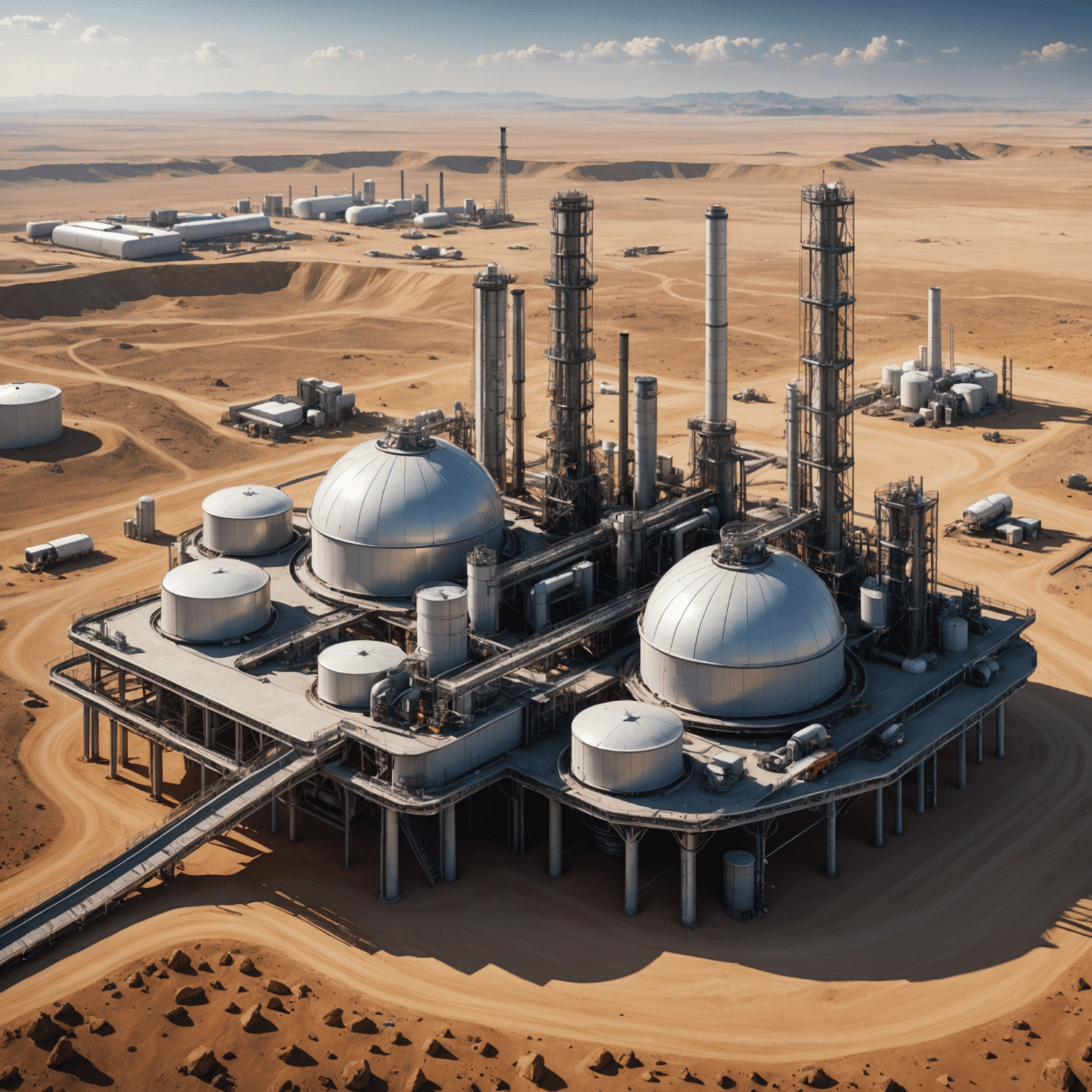 Futuristic oil extraction facility with integrated renewable energy sources and advanced environmental protection systems