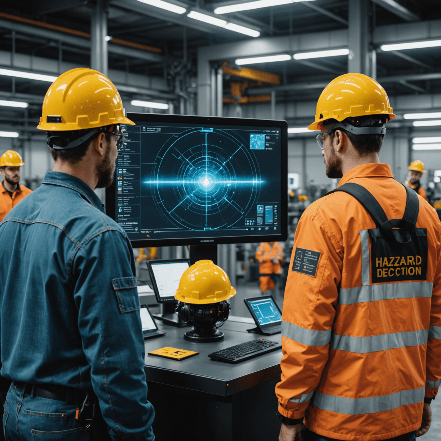 Holographic display showing AI-powered hazard detection system in action, with workers monitoring data