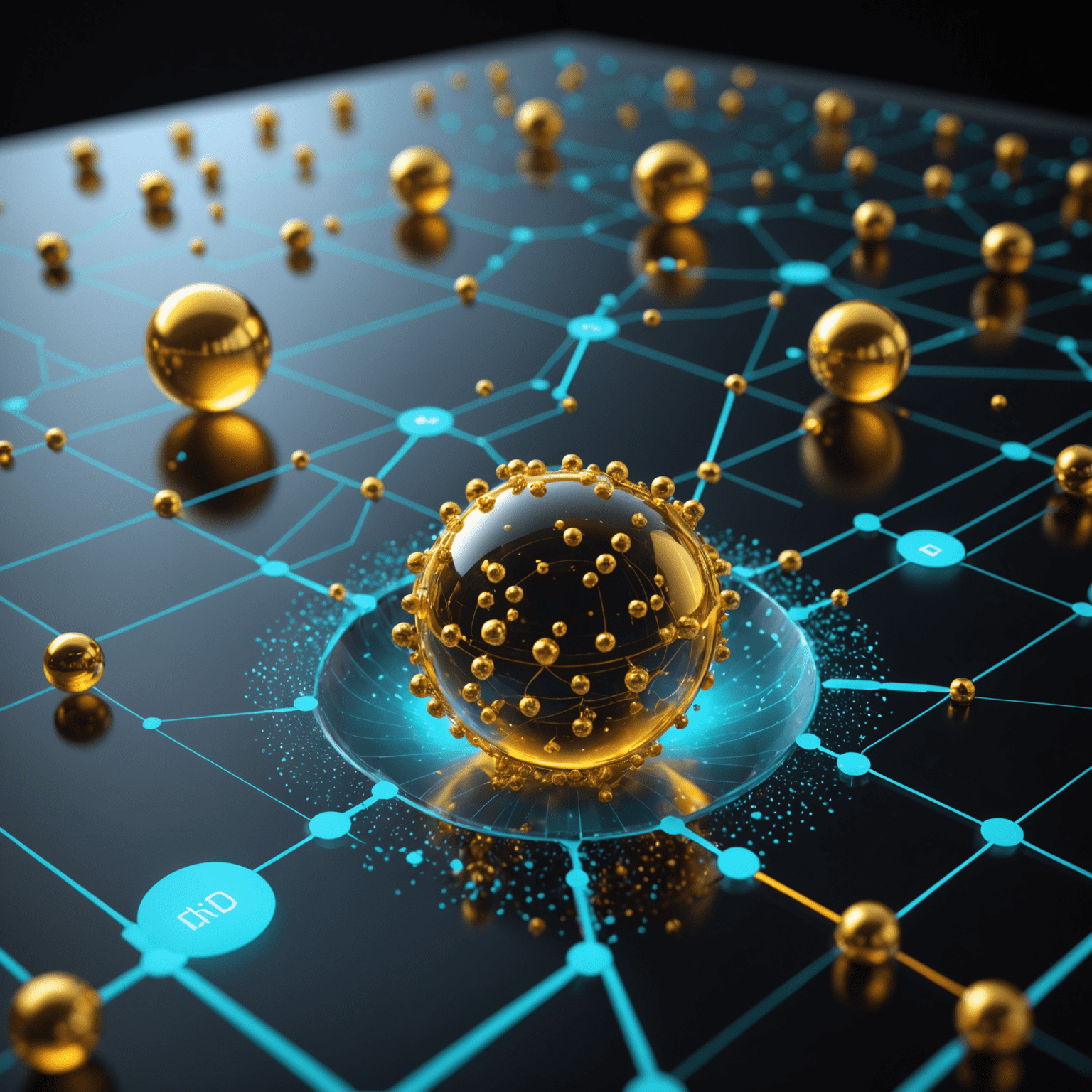 3D visualization of nanoparticles interacting with oil molecules in a reservoir, surrounded by holographic data displays