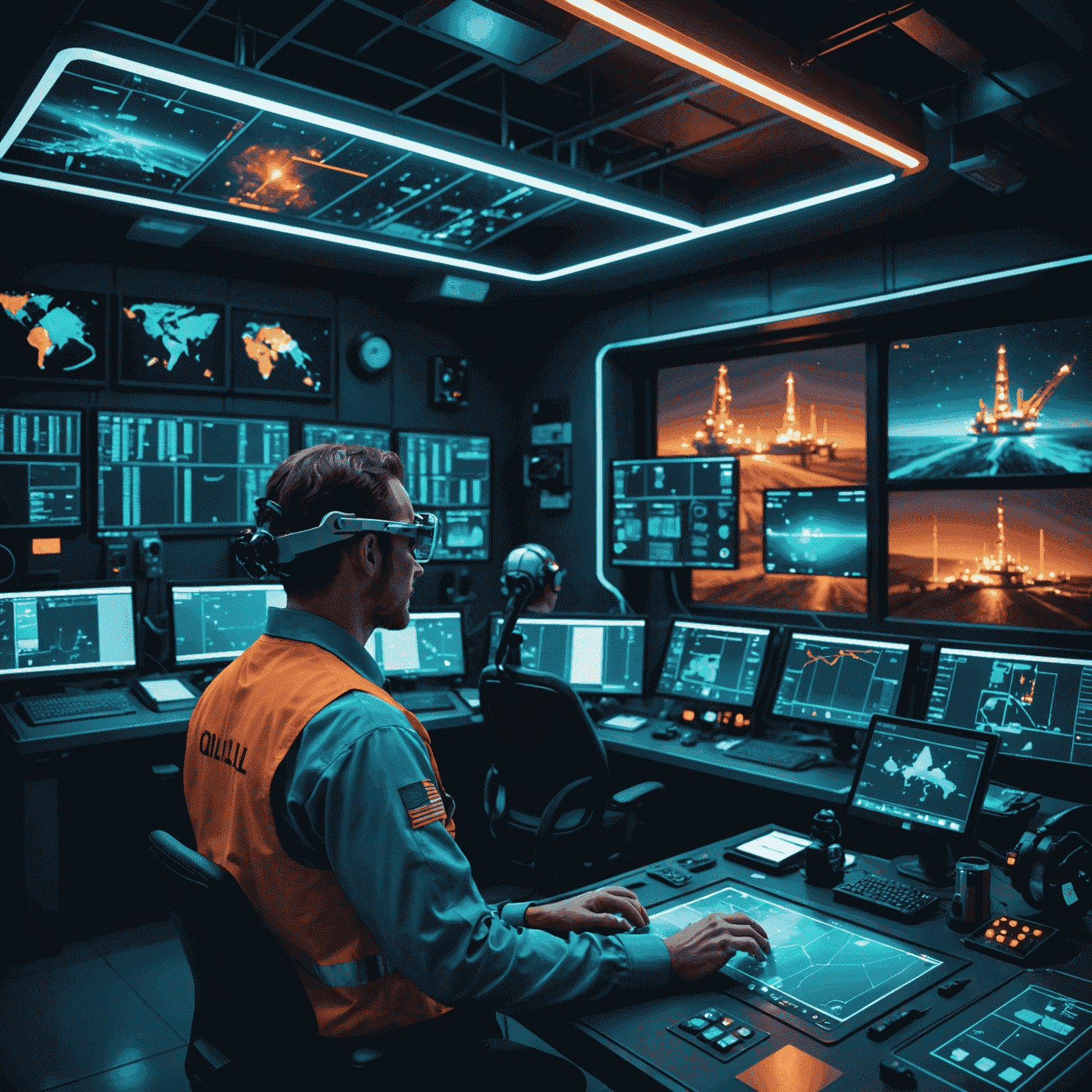 Futuristic control room with holographic displays showing oil field data, staffed by diverse professionals wearing augmented reality glasses. The room is bathed in a blue glow, with orange and green accents highlighting key areas. In the background, a large window reveals a high-tech oil rig illuminated against a starry night sky.