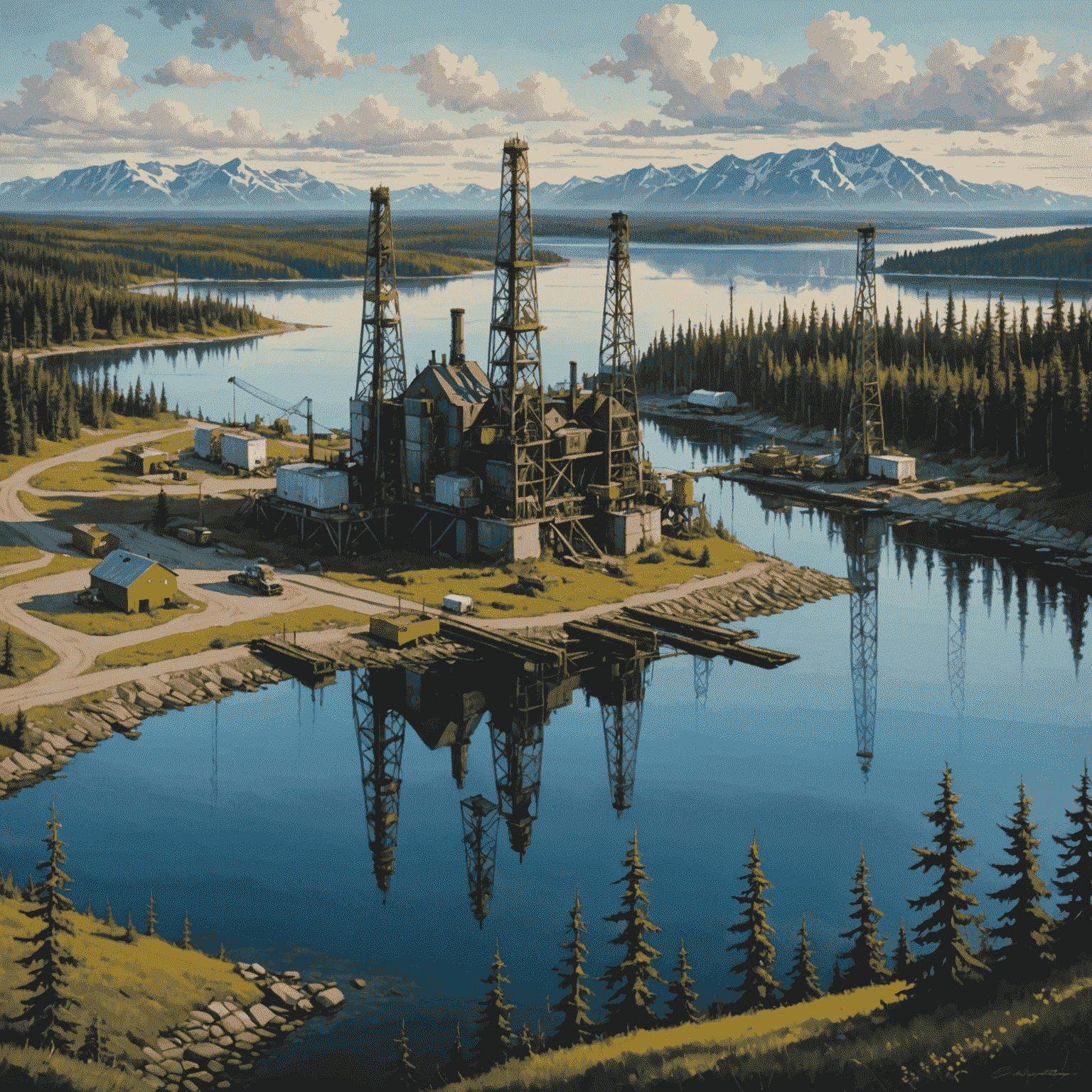 Stylized Canadian landscape with oil rigs and environmental protection measures, highlighting the balance between extraction and conservation