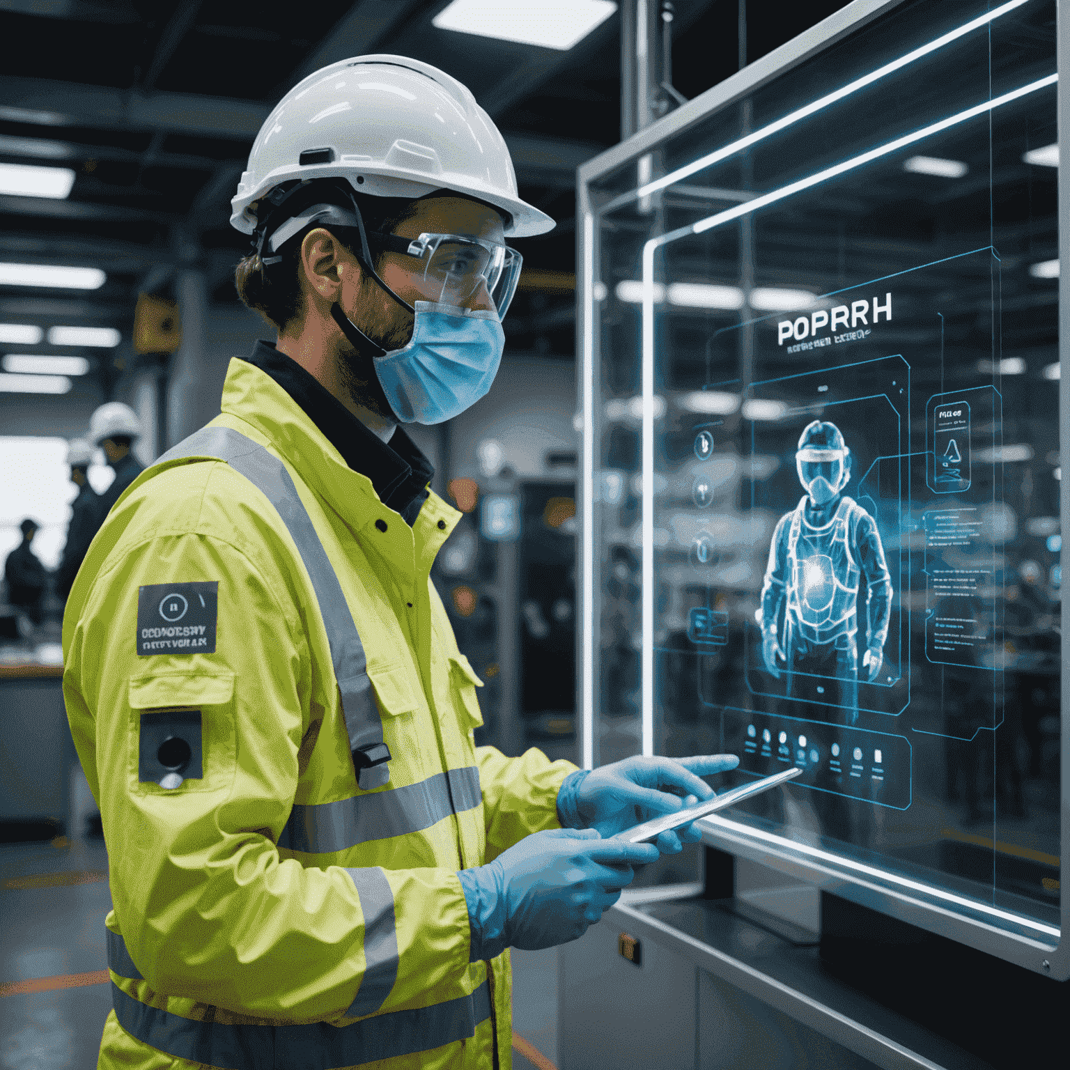 Worker in high-tech protective gear interacting with holographic safety protocols display