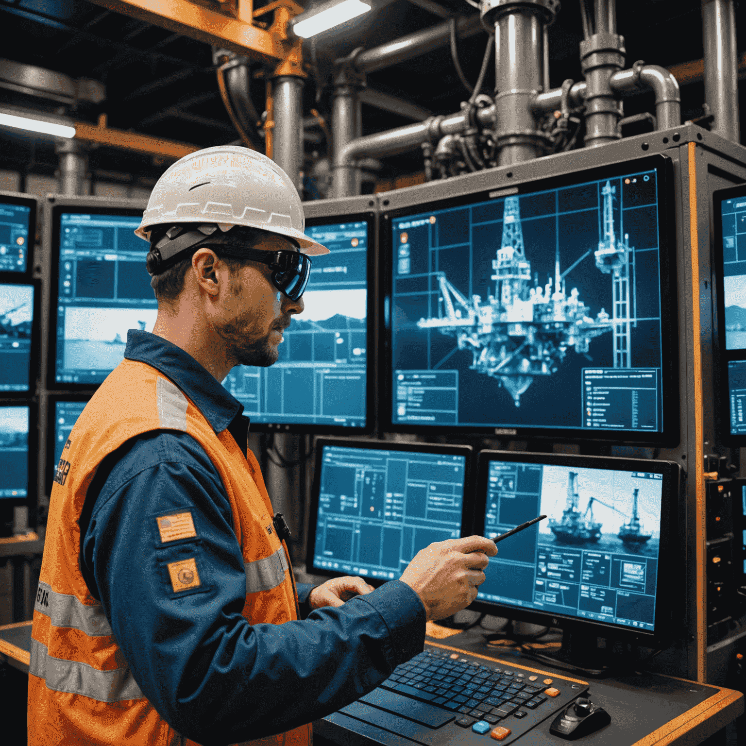 A worker wearing augmented reality glasses interacts with a holographic simulation of an oil rig. The background shows a control room with large screens displaying various drilling metrics and safety protocols.