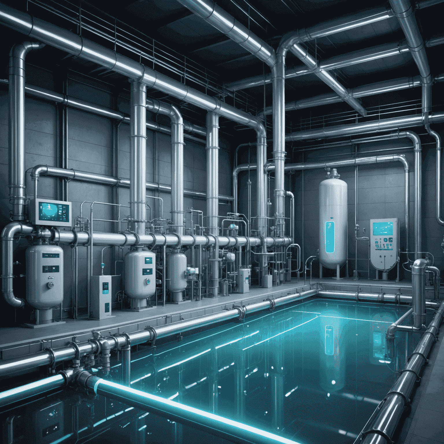 Futuristic water treatment facility with glowing pipelines and holographic displays showing purification process