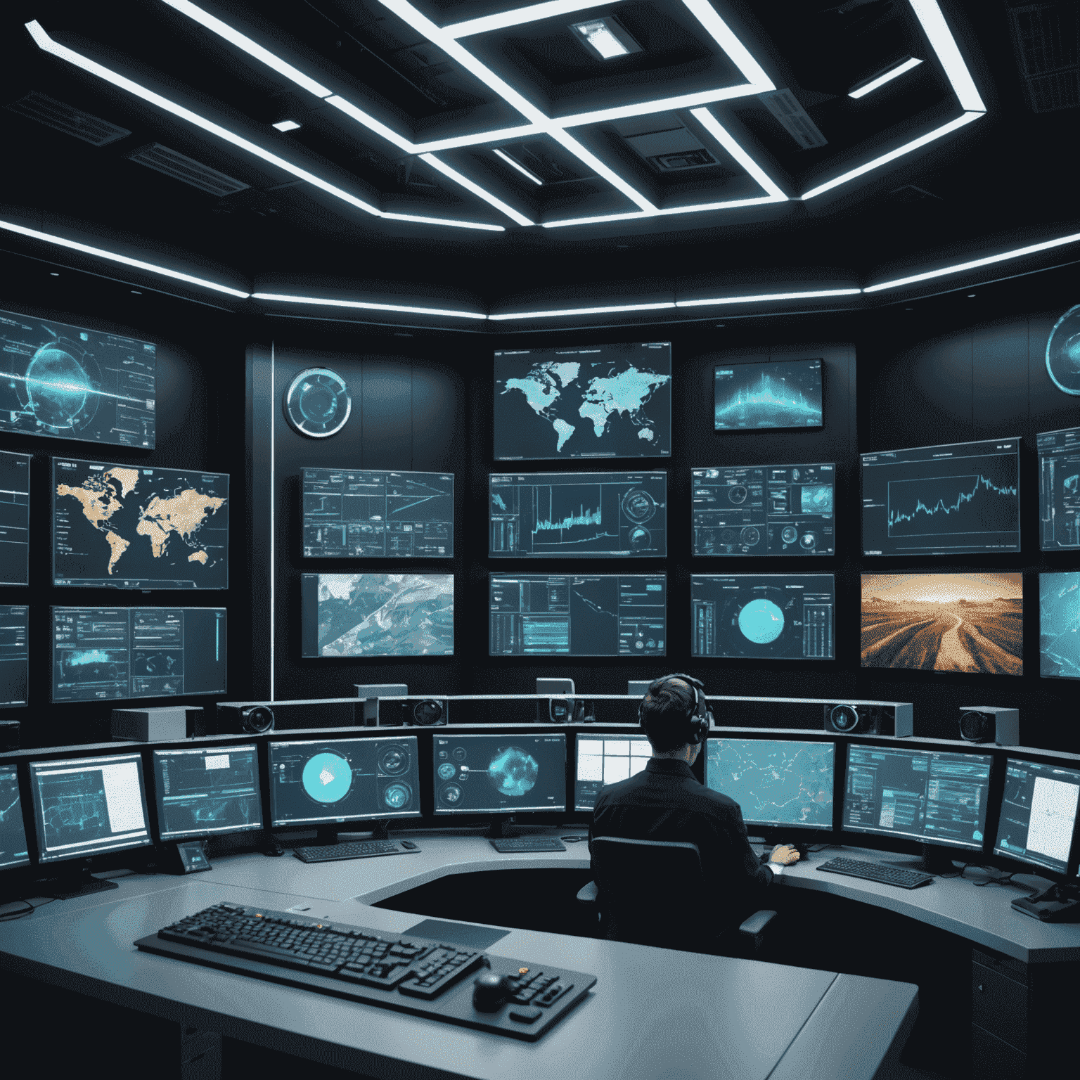 Futuristic control room with multiple holographic screens displaying real-time data from IoT-enabled oilfield equipment