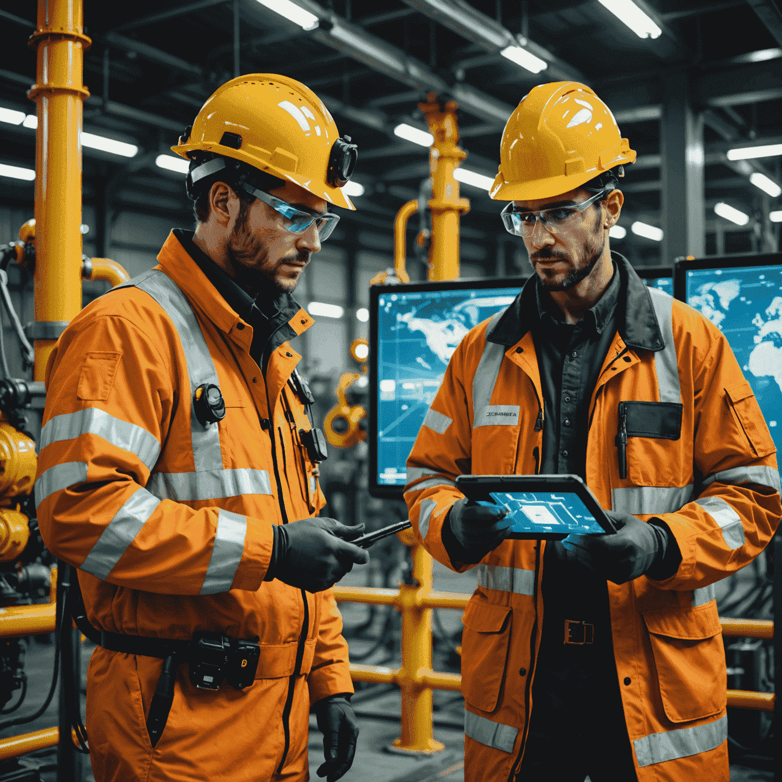 Futuristic oil field workers using high-tech safety equipment and interacting with holographic safety displays