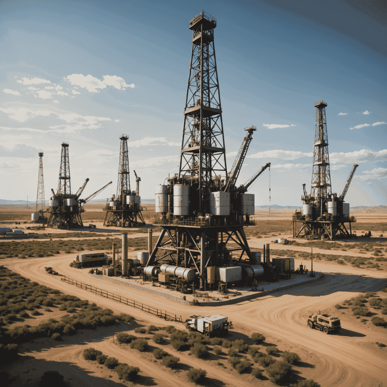 Futuristic oil field with AI-driven drilling systems and renewable energy integration