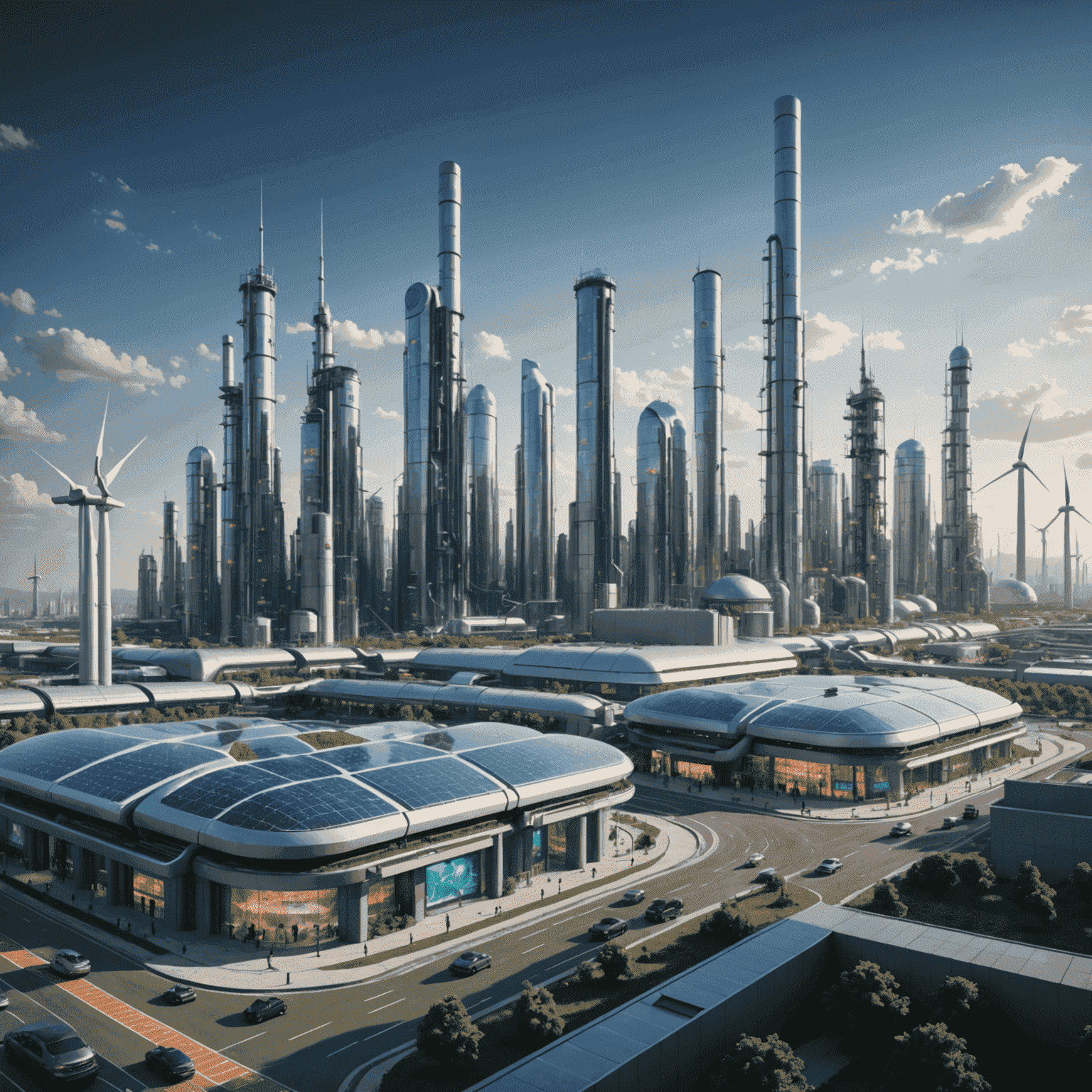 A futuristic cityscape with clean energy infrastructure seamlessly integrated with automated oil production facilities. Holographic billboards display eco-friendly initiatives and energy efficiency metrics.