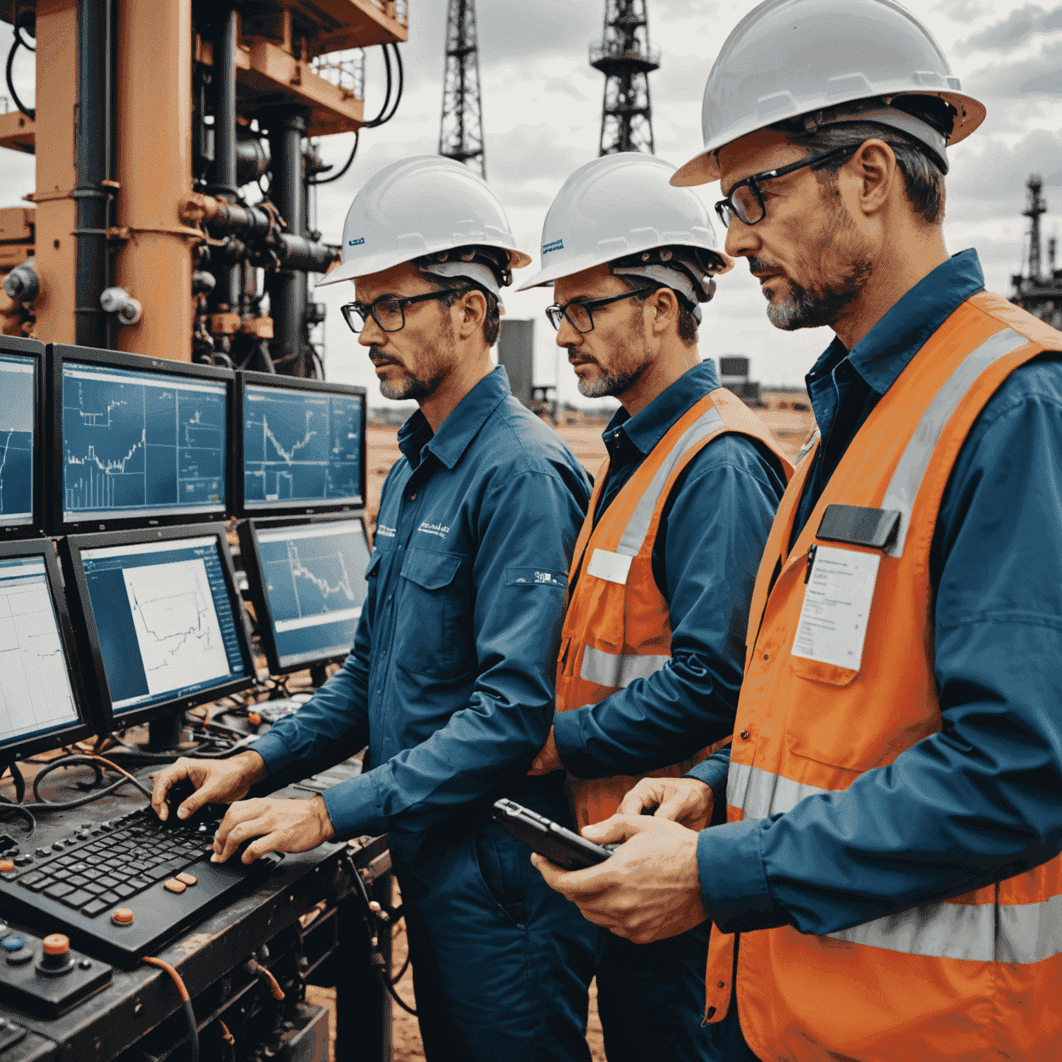 Diverse group of oil field professionals using advanced digital interfaces and equipment